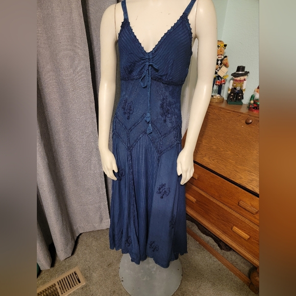 Fairycore Bohemian Lace Up‎ Blue Sundress Midi Fairy Grunge Hippie Festival Sz L - Picture 2 of 9